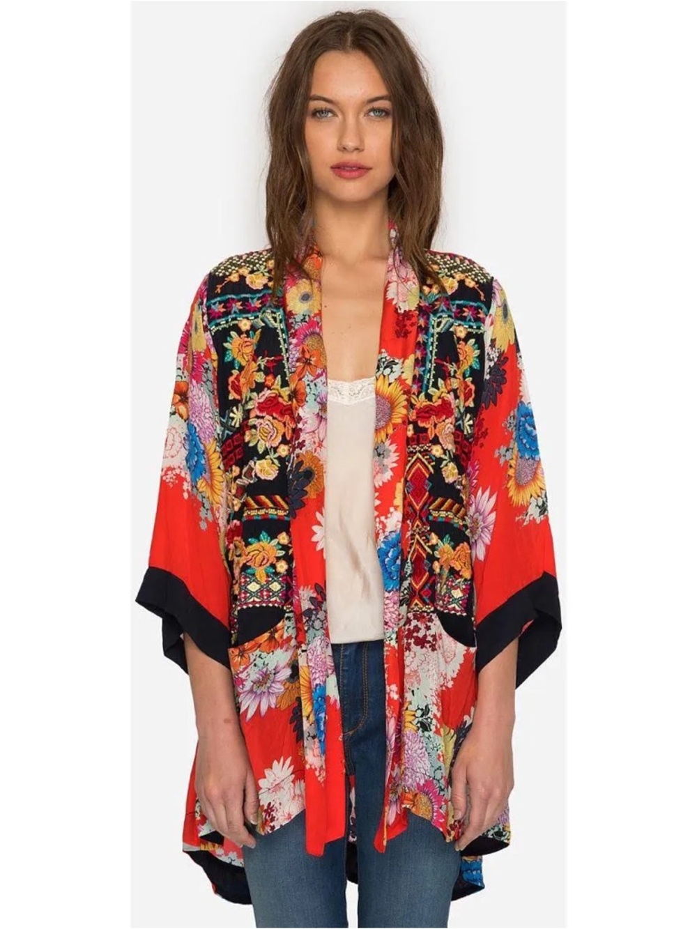 Johnny Was Mishka Rose Embroidery Silk Kimono Size Petite XS - Picture 2 of 14